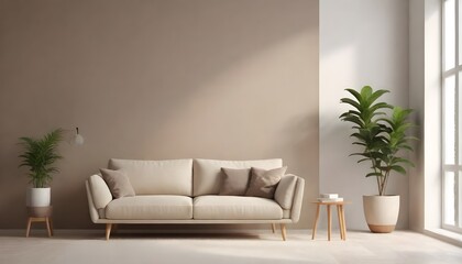 Beige sofa with wooden legs in a minimalist living room with a potted plant and natural lighting