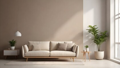 Fototapeta na wymiar Beige sofa with wooden legs in a minimalist living room with a potted plant and natural lighting