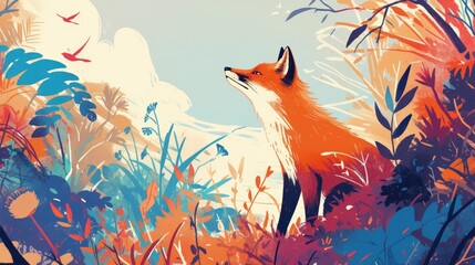 2d illustration depicting a cunning and mysterious fox in its natural habitat - obrazy, fototapety, plakaty