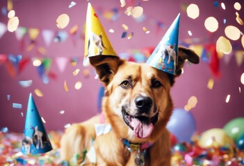 'birthday. party confetti celebrating hats dogs dog celebration birthday canino fun balloon cake decoration friends pet joy festive gathering cheerful costume adorable cute playtime excitement' - obrazy, fototapety, plakaty