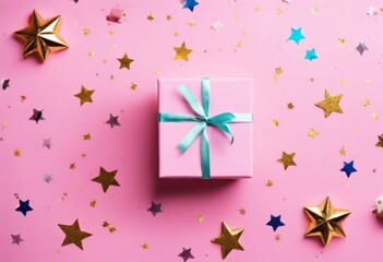 'wedding. lay view. present confetti Gift Flat table box day top composition stars mother pink birthday christmas new year fashion holiday background greeting card colours dec'