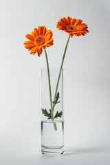 Two Orange Flowers in a Clear Glass Vase