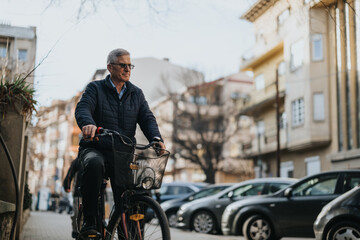 Senior man enjoying a leisurely bike ride through urban streets.