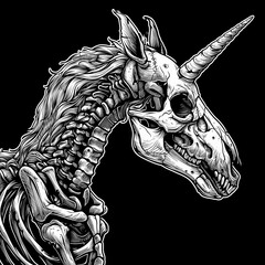 Stark, detailed unicorn skeleton illustrations in monochrome