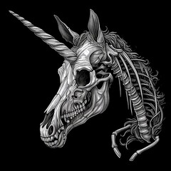 Stark, detailed unicorn skeleton illustrations in monochrome