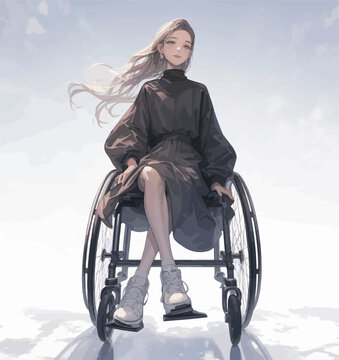 Lady modeling using a wheelchair, front view drawing in vector