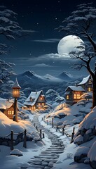 Winter village at night with moon and stars. 3D illustration.