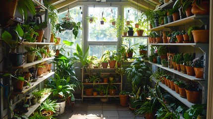 Interior view of a shed used for residential plantkeeping - obrazy, fototapety, plakaty