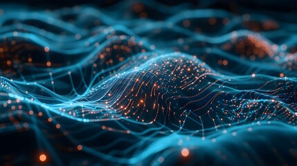 Dynamic cyber big data flow: blockchain networks intersecting with ai technology and digital communication. Vibrant 3d illustration of music waves and science research 