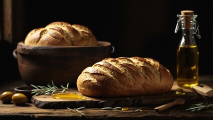 A rustic wooden table adorned with a freshly baked loaf of bread - obrazy, fototapety, plakaty