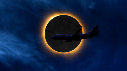 A commercial jet is silhouetted in front of a total solar eclipse during totality with visible...