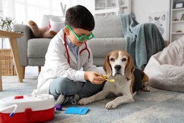 Cute little doctor with dental tools and Beagle dog at home