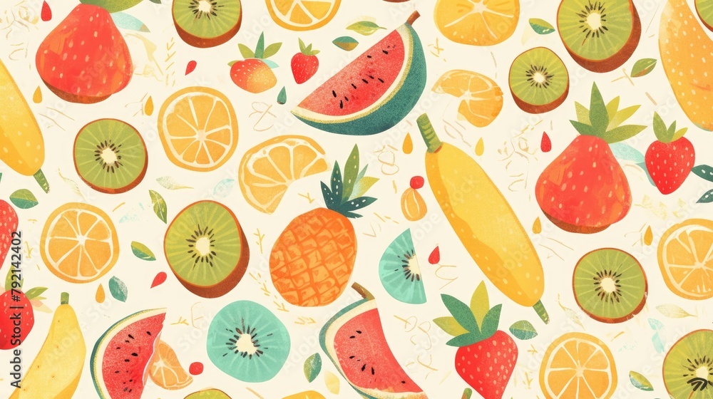 Aufkleber the background features a delightful pattern of papayas and kiwis intermingled amidst a backdrop of 