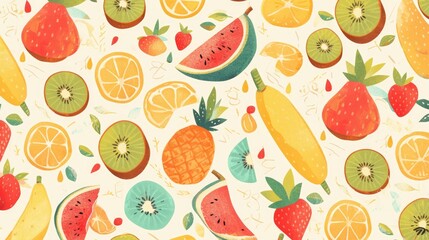 The background features a delightful pattern of papayas and kiwis intermingled amidst a backdrop of fresh vibrant fruits