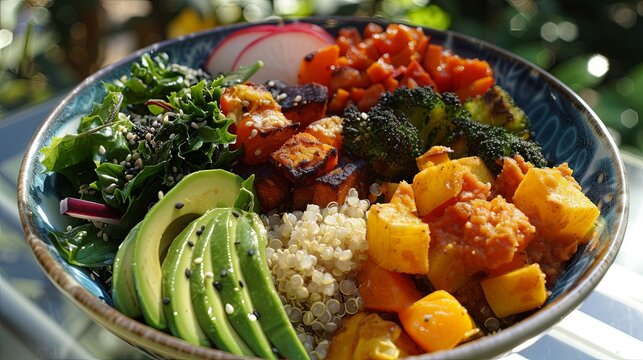 A colorful buddha bowl filled with nutritious ingredients like quinoa, roasted vegetables, avocado, and leafy greens,