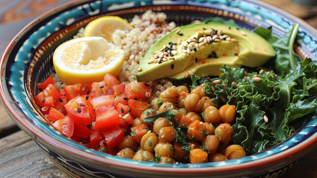 A colorful buddha bowl filled with nutritious ingredients like quinoa, roasted vegetables, avocado, and leafy greens,