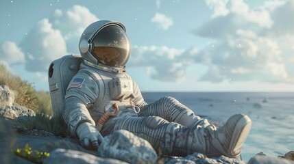 Imagine an astronaut lounging in a hammock on a distant planet, wearing a spacesuit and holding a tropical drink with a tiny umbrella.  - obrazy, fototapety, plakaty