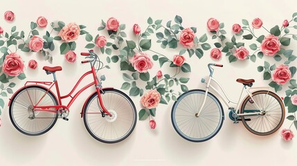 
A collection of vector illustrations featuring realistic bicycles adorned with rose flowers, all designed in a vintage style.  - obrazy, fototapety, plakaty