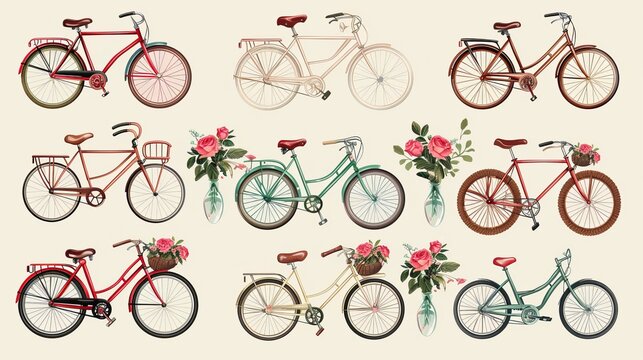 
A collection of vector illustrations featuring realistic bicycles adorned with rose flowers, all designed in a vintage style. 
