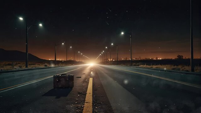 Looping 4K footage capturing a mysterious box or bag on a nighttime highway.