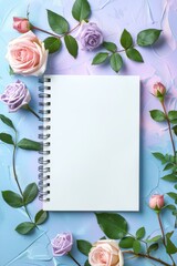 Spiral Notebook Surrounded by Pink and Purple Roses