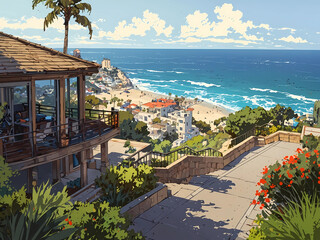 wealthy cliffside home overlooking California beach on a bright sunny day - obrazy, fototapety, plakaty