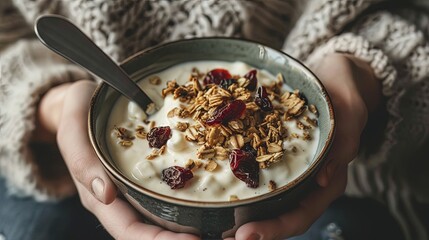 A person enjoying a bowl of yogurt topped with dried fruit and granola, indulging in a wholesome and satisfying breakfast or dessert. - obrazy, fototapety, plakaty
