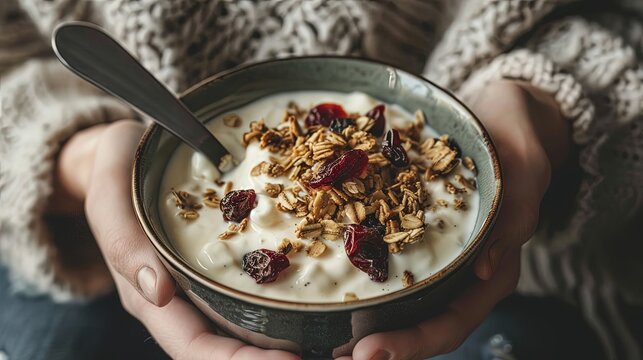 A person enjoying a bowl of yogurt topped with dried fruit and granola, indulging in a wholesome and satisfying breakfast or dessert.