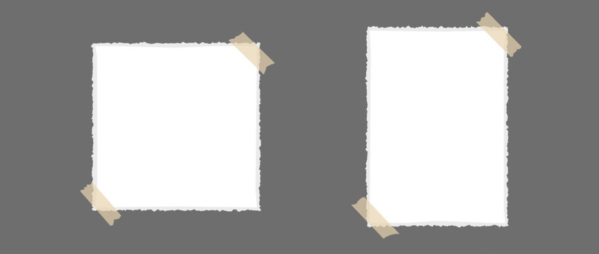 Ripped paper glued on adhesive tape. Jagged templates for mockup, poster design, banner, flyer, brochure, mood board, photo album. Empty craft rectangle and square paper note pieces. Vector blank memo