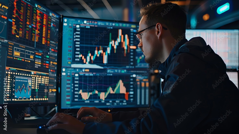 Poster a trader using a computer to buy and sell stocks, with a screen showing trading platforms and stock 