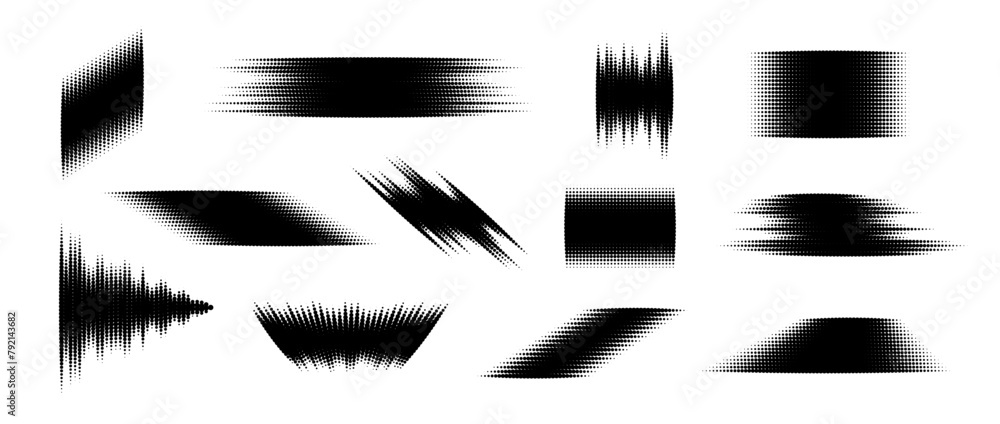 Poster Halftone glitched element set. Dotted textured geometric form collection. Grunge abstract halftone shapes for background, banner, poster, collage, overlay, label, tag. Distressed distorted vector pack