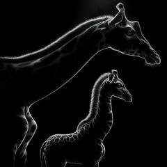 Fototapeta premium Black background Rim light a giraffe mother and her baby in profile photography, with the light shining on its fur