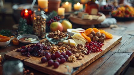 A wooden tray laid out with dried fruit assortments, nuts, and cheeses, offering a sophisticated and health-conscious option for entertaining guests. - obrazy, fototapety, plakaty