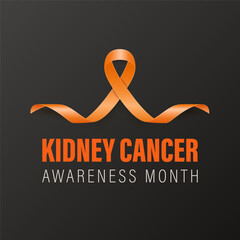 Kidney Cancer Banner, Card, Placard with Vector 3d Realistic Orange Ribbon on Black Background. Kidney Cancer Awareness Month Symbol Closeup. World Kidney Cancer Day Concept