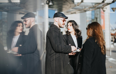 A group of young entrepreneurs engaged in a serious discussion. The urban setting adds a dynamic...