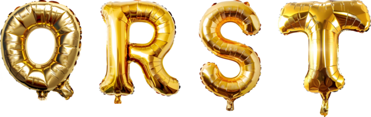 Realistic set of golden balloon letters Q R S T, isolated on a transparent background. PNG