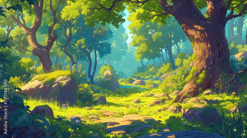 Wall mural immerse yourself in a vibrant cartoon forest setting where lush deciduous trees moss covered rocks s