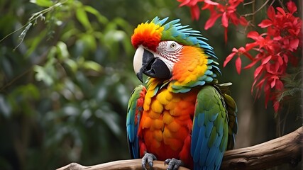 A macaw in the vivid jungle has magnificent plumage that is a symphony of color and beauty.