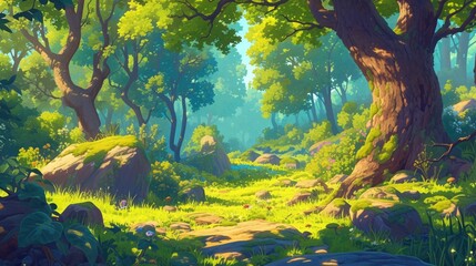 Fototapeta na wymiar Immerse yourself in a vibrant cartoon forest setting where lush deciduous trees moss covered rocks swaying grass and charming bushes bask in the dappled sunlight This enchanting nature lands