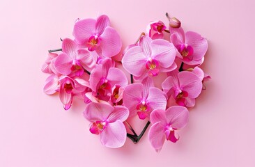 Fototapeta na wymiar Heart Shaped Pink Orchid Arrangement on Pink Background