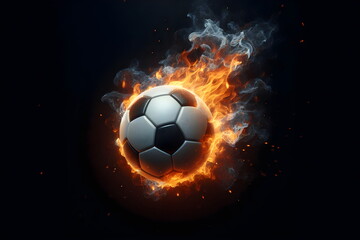 Naklejka premium a close up of a soccer ball on fire with a black background