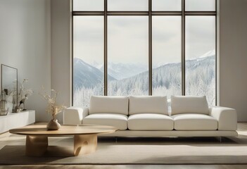 modern white snow copyspace wooden wall window sofa living white room decor Minimalistic landscape...