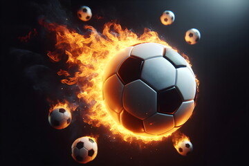 Naklejka premium a close up of a soccer ball on fire with a black background