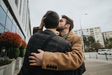 Two young business men sharing a heartfelt embrace on a city sidewalk, showcasing friendship and support.