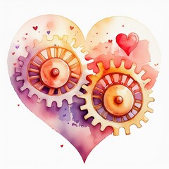 Watercolor drawing of a red heart with gears spinning inside. Illustration in white background