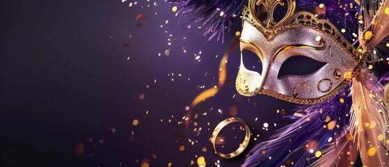 Carnival Mask With Feathers and Confetti - obrazy, fototapety, plakaty