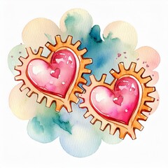 Watercolor drawing of two red hearts in the form of gears that rotate each other
