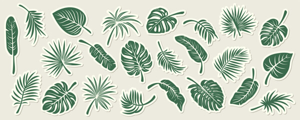 Vector Tropical Leaf Silhouette Icon Set. Flat Vector Monstera, Ficus, Banana Leaf, Dracaena, Sabal Palm Leaves, Isolated Stickers. Design Templates for Home Decor, Invitations, Print