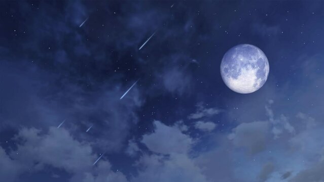Dreamlike starry night sky with fantastic big full moon and falling stars meteoric shower among fluffy clouds. Magic nighttime natural background 3D animation rendered in 4K