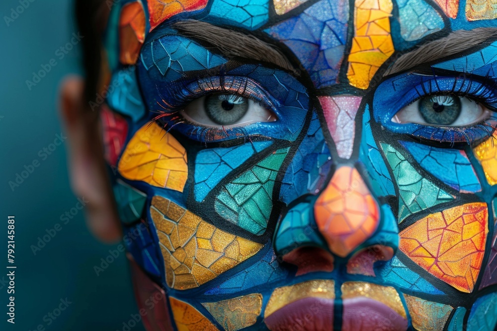 Poster a womans face is intricately painted with a myriad of colors, creating a striking and vivid artistic